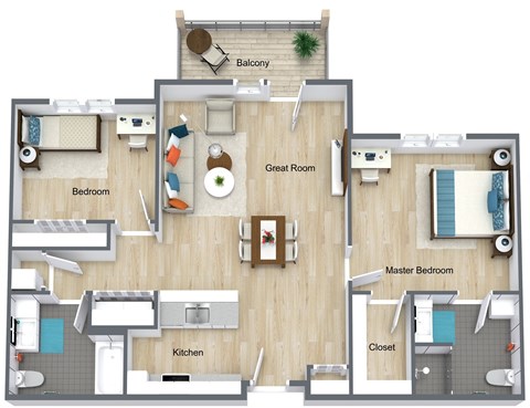 Floor plan for 2 beds, 2 baths, 1082 sqft